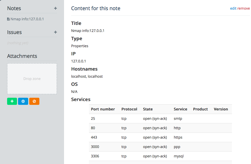 A screenshot of the content generated by the Nmap plugin showing host names, IPs,