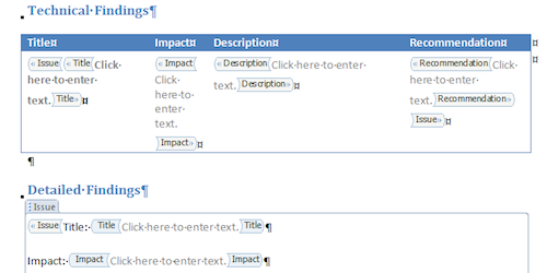 Dradis Pro Basic report template: a screenshot showing a detail of a table in the simple report template