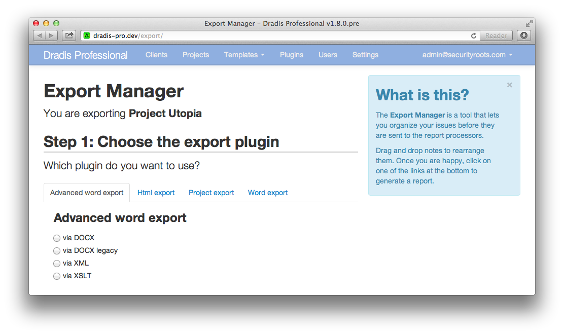 Screenshot showing the 1st step of the Export Manager where you choose the export plugin you want to use