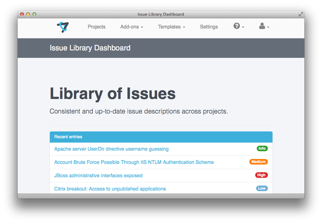 Screenshot showing the IssueLibrary entries with a badge showing their tags