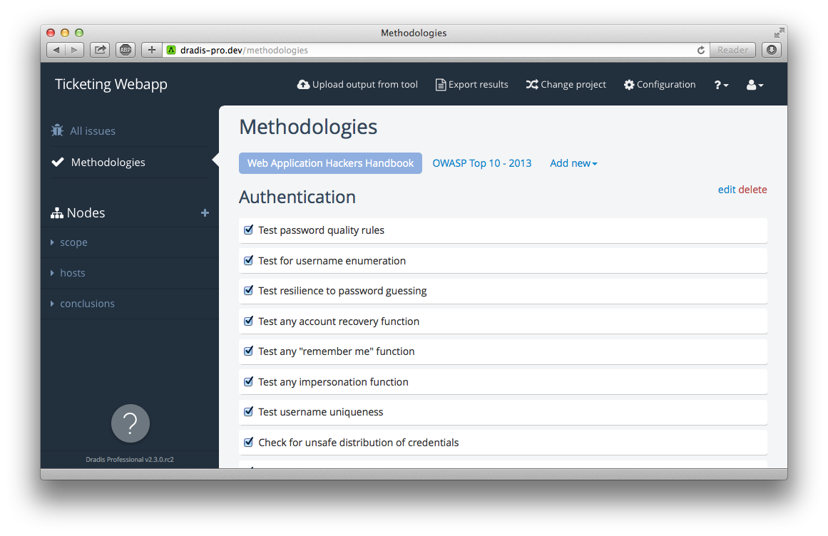 A screenshot showing the Web Application Hacker's Handbook methodology