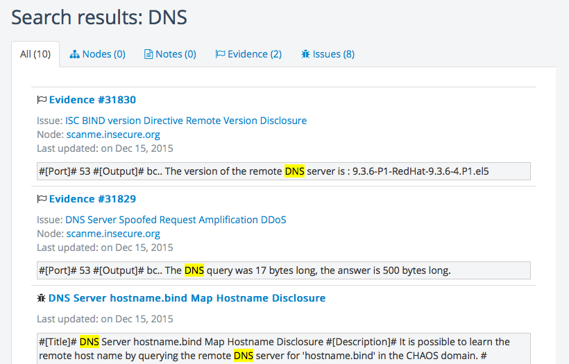 A screenshot showing the "All" tab with results for a "DNS" search