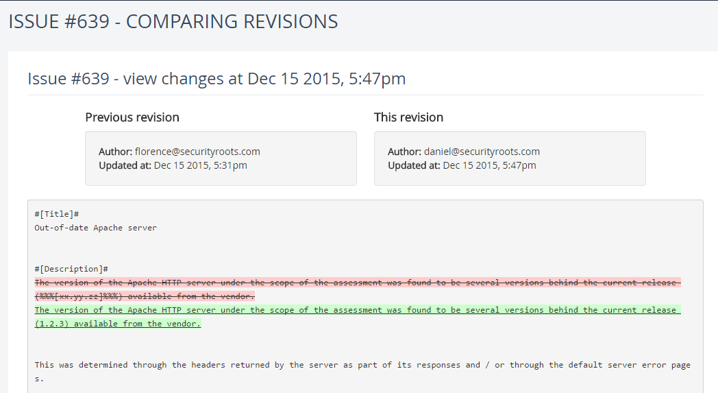 A screenshot showing the view comparing the differences between two revisions of the same content.